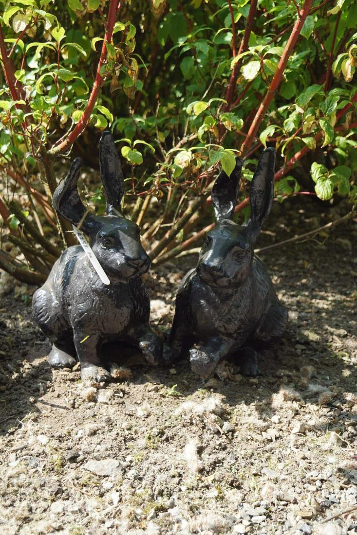 PAIR OF CAST IRON RABBITS: each resting. 33 cm. high; 30 cm. wide Approximate Time: 11:11 Lot No: 80 Category: Garden & Decorative Objects