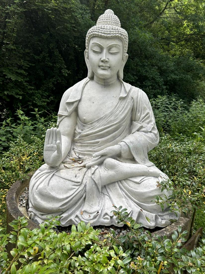 VERY LARGE MOULDED STONE GARDEN SCULPTURE: Figure of a seated Buddha. 120 cm. high; 80 cm. wide; 75 cm. deep Approximate Time: 11:14 Lot No: 84 Category: Garden & Decorative Objects