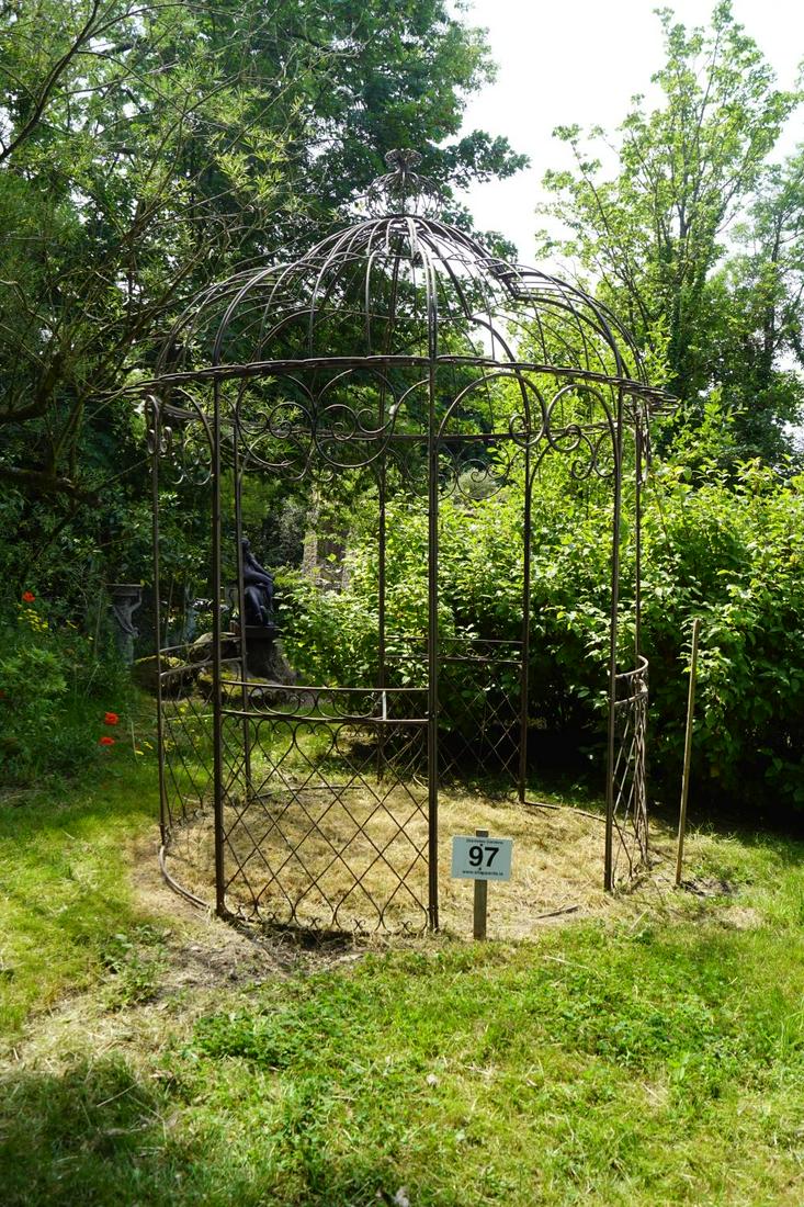 LARGE ORNATE METAL GAZEBO: with domed head above panelled sides. 300 cm. high; 217 cm. diameter Approximate Time: 11:26 Lot No: 97 Category: Garden & Decorative Objects