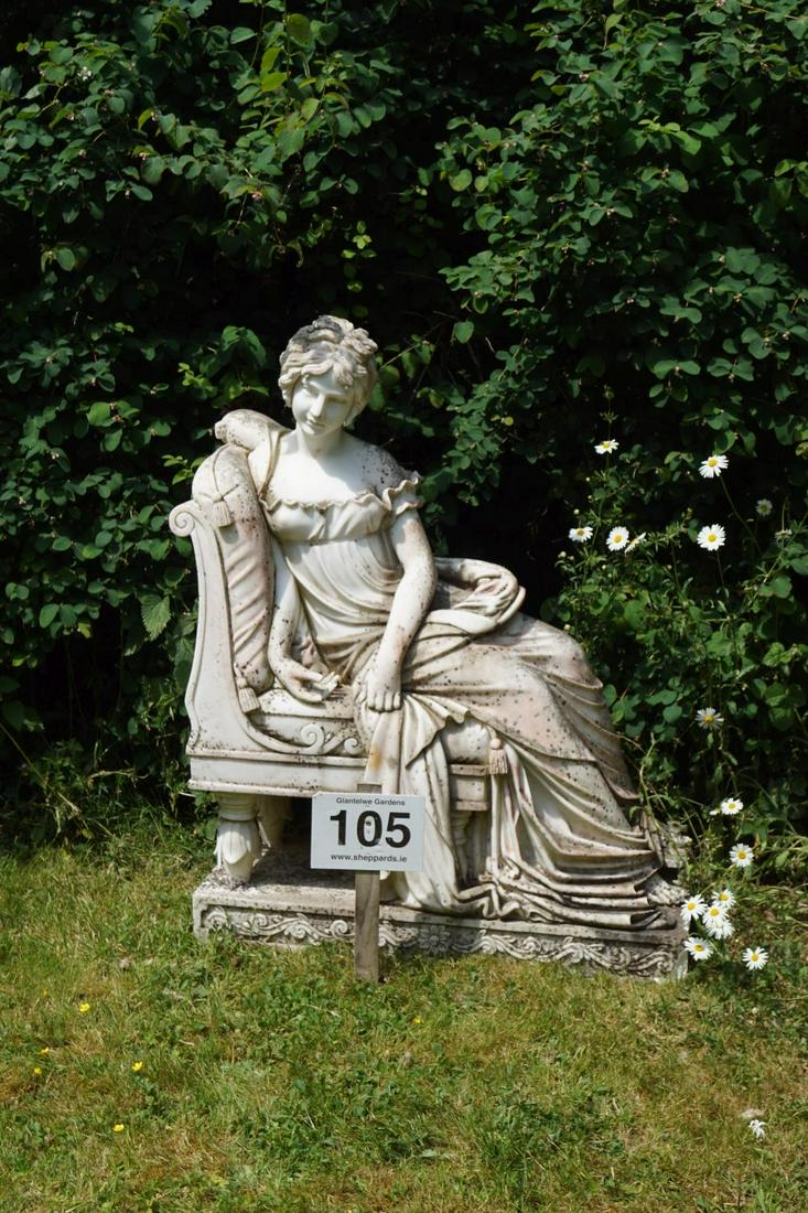INTERESTING SCULPTED MARBLE GARDEN INSTALLATION: Figure of a lady seated. 130 cm. high; 110 cm. wide; 40 cm. deep Approximate Time: 11:33 Lot No: 105 Category: Garden & Decorative Objects