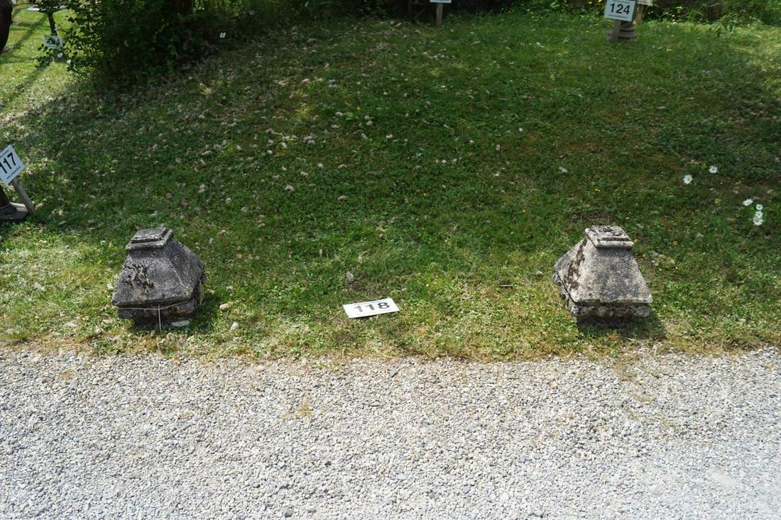 PAIR OF SANDSTONE PIER CAPS: each of square pyramidal shape. 40 cm. high; 31 cm. wide Approximate Time: 11:45 Lot No: 118 Category: Garden & Decorative Objects