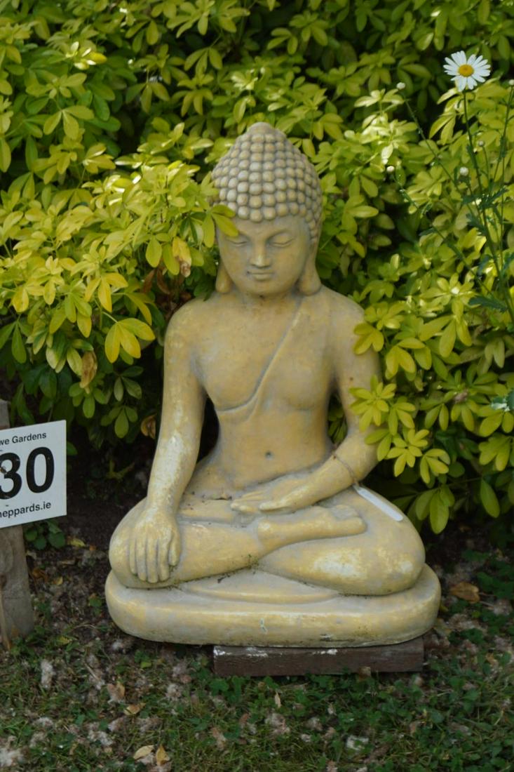 MOULDED STONE GARDEN SCULPTURE: Figure of a deity 75 cm. high; 50 cm. wide; 37 cm. deep Approximate Time: 11:56 Lot No: 130 Category: Garden & Decorative Objects