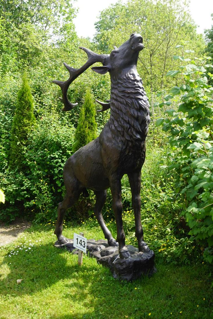 ENORMOUS BRONZE GARDEN SCULPTURE: Figure of stag, standing on a rocky mound. 240 cm. high; 170 cm. wide; 85 cm. deep Approximate Time: 12:07 Lot No: 143 Category: Garden & Decorative Objects