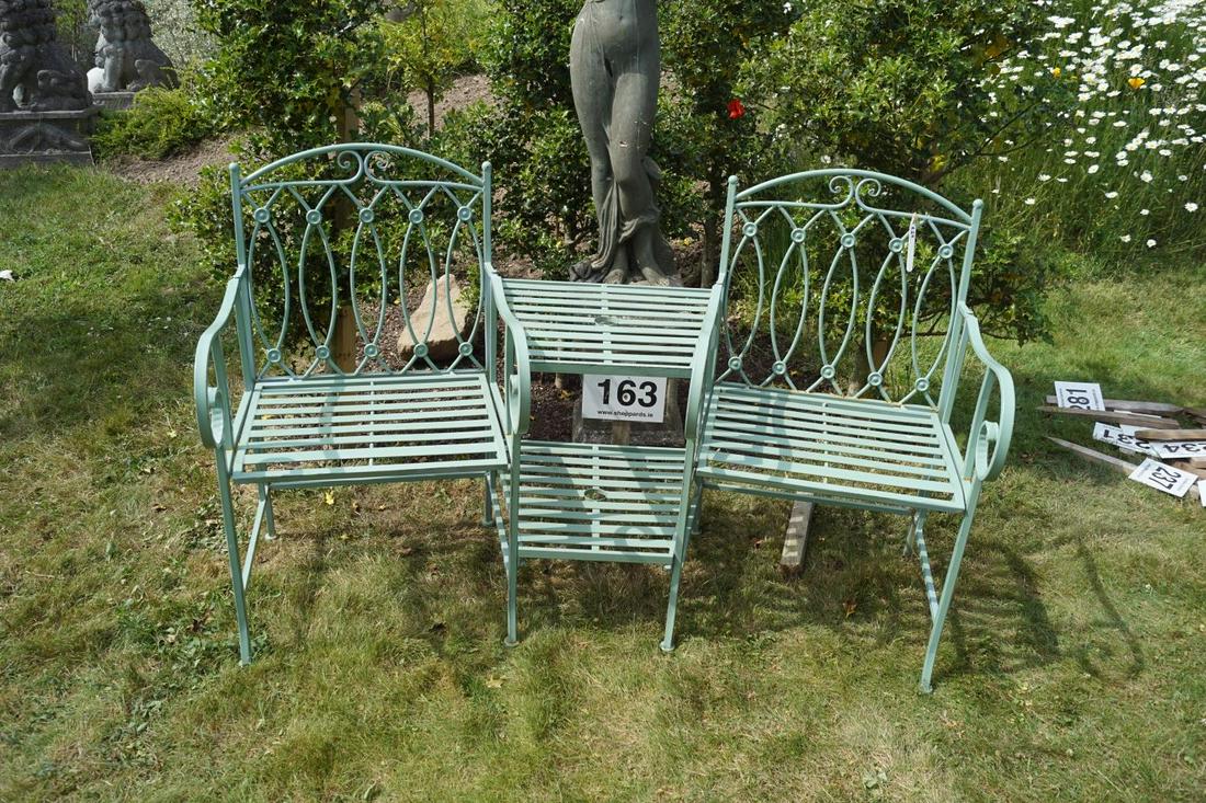 METAL GARDEN SEAT: with integrated table. 92 cm. high; 170 cm. wide; Approximate Time: 12:26 Lot No: 164 Category: Garden & Decorative Objects