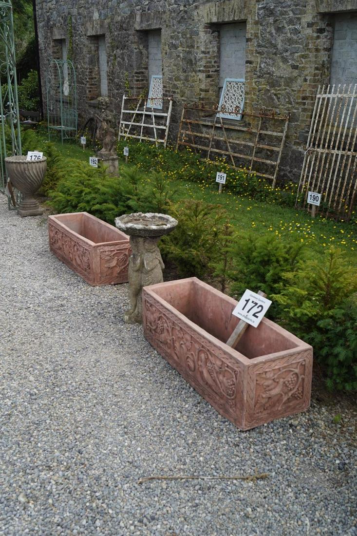 PAIR OF LARGE TERRACOTTA GARDEN PLANTERS: each of rectangular form with raised ornithological and botanical decorated panels. Approximate Time: 12:33 Lot No: 172 Category: Garden & Decorative Objects
