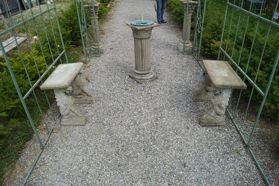 PAIR OF MOULDED STONE GARDEN BENCHES: each with a rectangular seat, raised on griffin scroll supports. Approximate Time: 12:58 Lot No: 199 Category: Garden & Decorative Objects