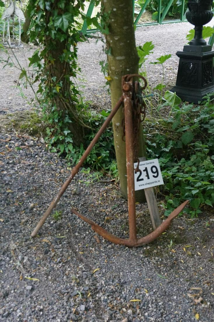 19TH-CENTURY CAST IRON SHIP'S ANCHOR: 19th-century cast iron ship's anchor. 130 cm. high; 80 cm. wide Approximate Time: 14:16 Lot No: 219 Category: Garden & Decorative Objects