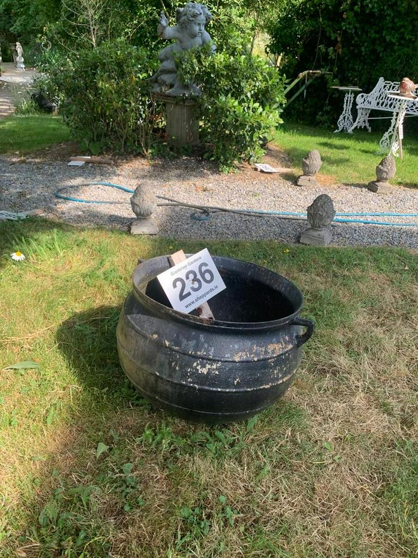 19TH-CENTURY SKILLET POT: raised on tripod supports. 50 cm. high; 47 cm. in diameter; Approximate Time: 14:31 Lot No: 236 Category: Garden & Decorative Objects