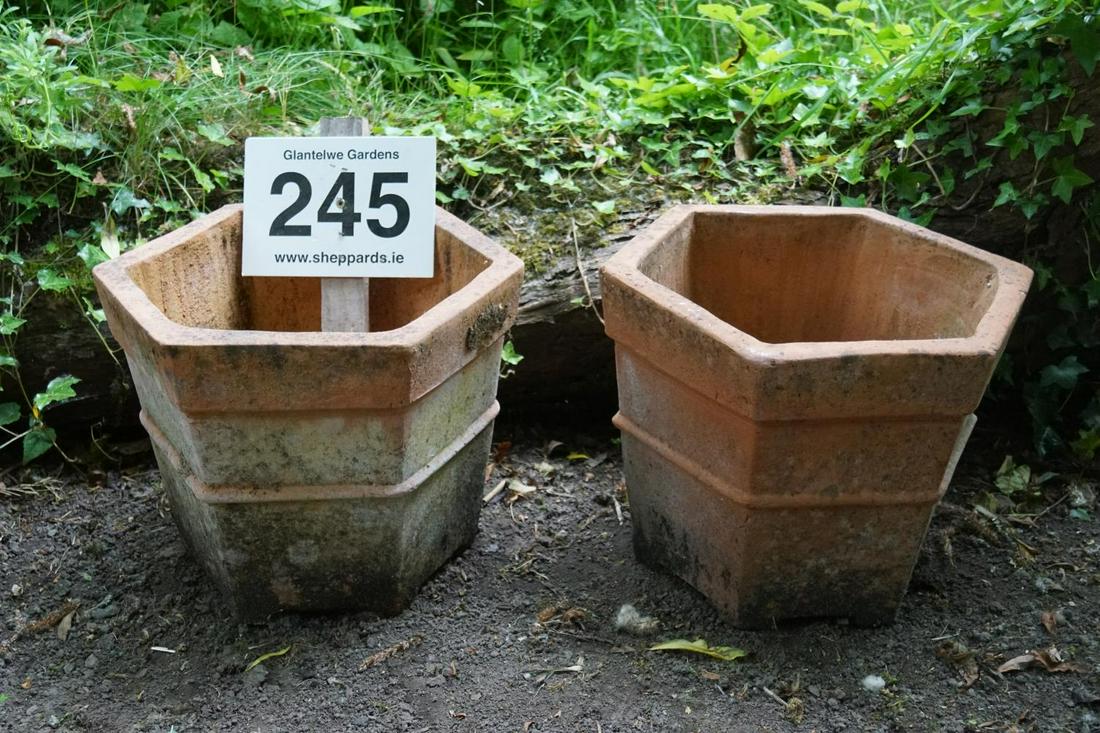 PAIR OF WEATHERED TERRACOTTA GARDEN PLANTERS: each of hexagonal tapered form. 33 cm. high; 37 cm. in diameter; Approximate Time: 14:39 Lot No: 245 Category: Garden & Decorative Objects