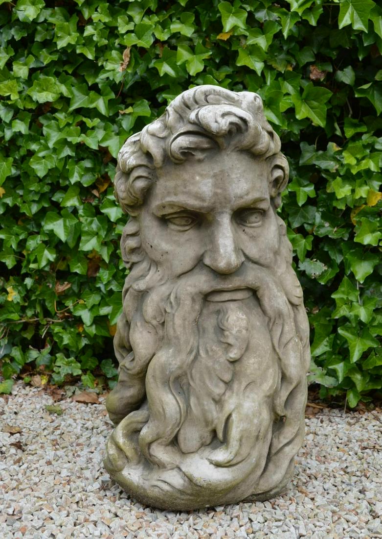 MOULDED STONE SCULPTURE: Head of Poseidon. 77 cm. high; 40 cm. wide; 37 cm. deep Approximate Time: 14:49 Lot No: 256 Category: Garden & Decorative Objects