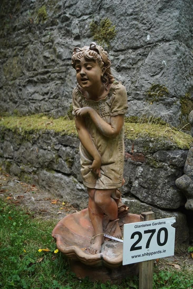 19TH-CENTURY TERRACOTTA FIGURE STEMMED BIRDBATH: 19th-century terracotta figure stemmed birdbath. Approximate Time: 15:02 Lot No: 270 Category: Garden & Decorative Objects
