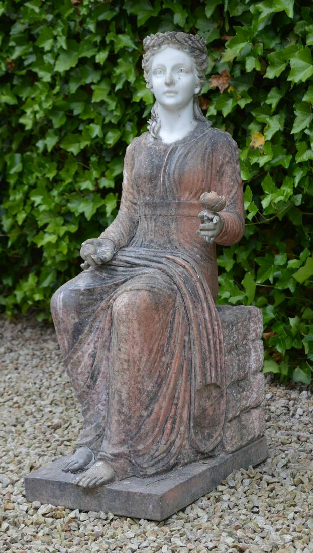 INTERESTING GARDEN MARBLE SCULPTURE: depicting a seated lady. 90 cm. high; 45 cm. wide; 30 cm. deep Approximate Time: 15:18 Lot No: 288 Category: Garden & Decorative Objects