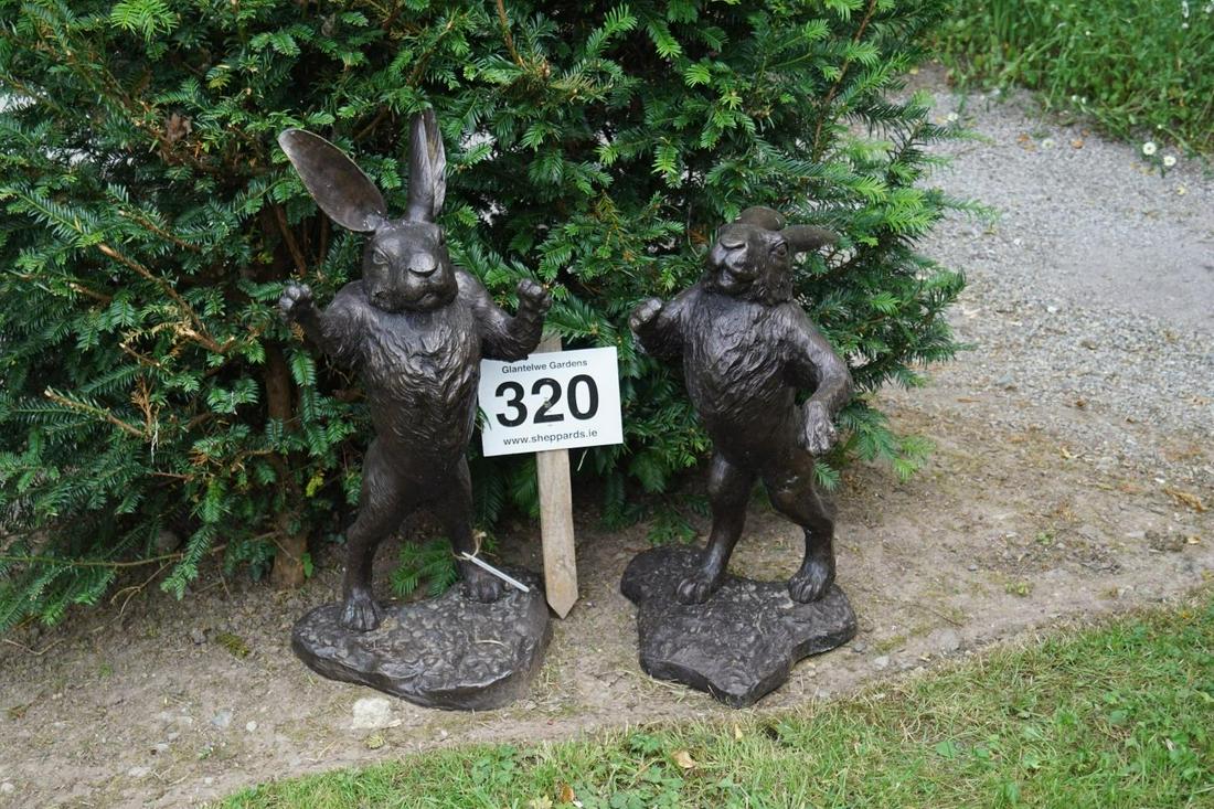 PAIR OF BRONZE GARDEN SCULPTURES: each of a standing hare. 85 cm. high; 50 cm. wide; Approximate Time: 15:47 Lot No: 320 Category: Garden & Decorative Objects
