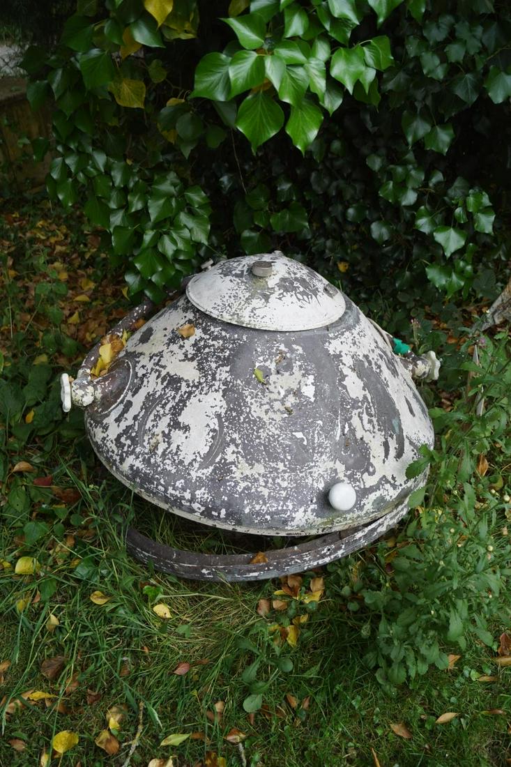 LARGE METAL CASED INDUSTRIAL FLOOD LIGHT: of domed form. 50 cm. high; 85 cm. diameter Approximate Time: 15:55 Lot No: 329 Category: Garden & Decorative Objects