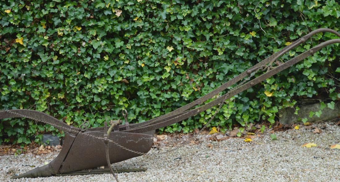 19TH-CENTURY FORGED IRON HORSE PLOUGH: with drill marker. Approximate Time: 10:01 Lot No: 403 Category: Garden & Decorative Objects