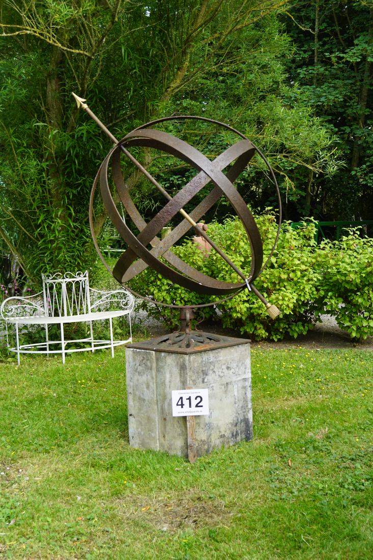 LARGE 19TH-CENTURY ARMILLARY SPHERE: supported on an open work square base, mounted on a square column. 170 cm. high; 120 cm. wide Approximate Time: 10:09 Lot No: 412 Category: Garden & Decorative Objects