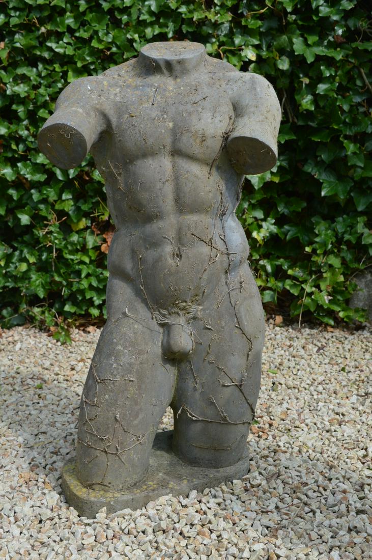 19TH-CENTURY CARVED MARBLE GARDEN SCULPTURE: Male torso. 92 cm. high; 53 cm. wide Approximate Time: 10:29 Lot No: 434 Category: Garden & Decorative Objects