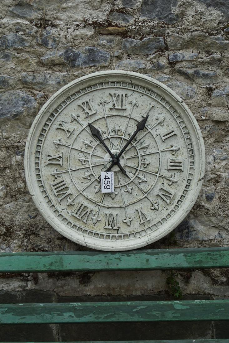 LARGE DECORATIVE GARDEN CLOCK DIAL: Composite, with Roman numerals enclosing a fleur-de-lis headed segmented interior. Approximate Time: 10:52 Lot No: 459 Category: Garden & Decorative Objects