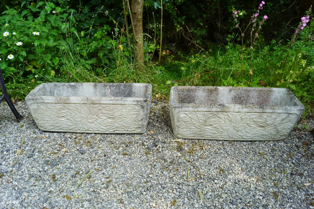 PAIR OF COMPOSITE STONE PLANTERS: each of rectangular form, with moulded leaf decoration. 24 cm. high; 75 cm. wide; 24 cm. deep; Approximate Time: 10:56 Lot No: 464 Category: Garden & Decorative Objects