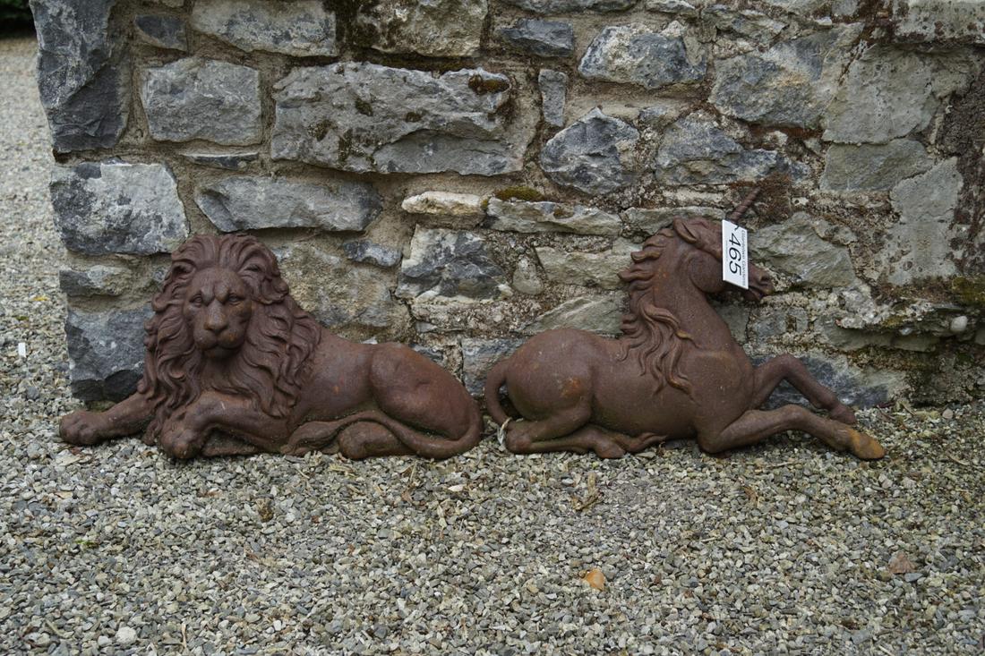 PAIR OF VICTORIAN CAST IRON DOOR STOPS: A lion and a unicorn. 35 cm. high; 70 cm. wide Approximate Time: 10:57 Lot No: 465 Category: Garden & Decorative Objects
