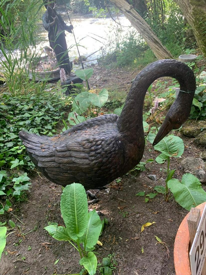BRONZE GARDEN SCULPTURE: Figure of a swan. 83 cm. high; 80 cm. wide; 32 cm. deep; Approximate Time: 11:08 Lot No: 477 Category: Garden & Decorative Objects