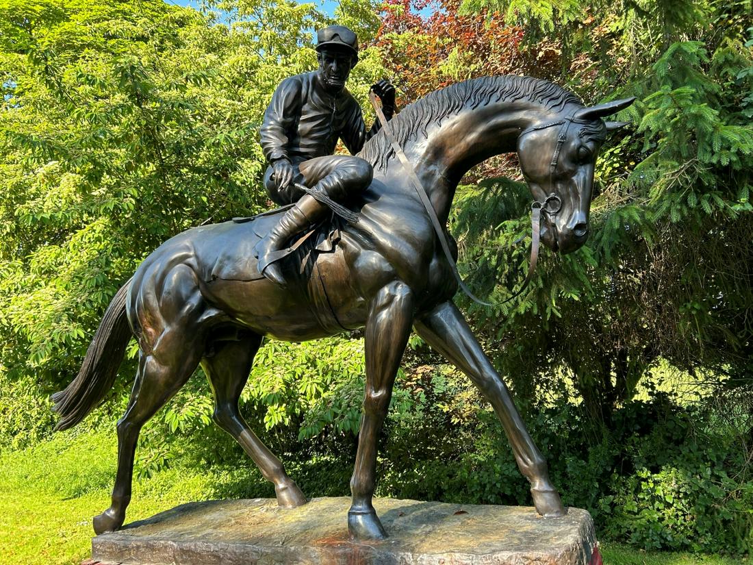 LIFE SIZE BRONZE SCULPTURE: after Isidore Bonheur (1827-1901) a life-size bronze stallion with jockey up 270 cm. high; 360 cm. wide; 120 cm. wide Approximate Time: 11:29 Lot No: 500 Category: Garden & Decorative Objects