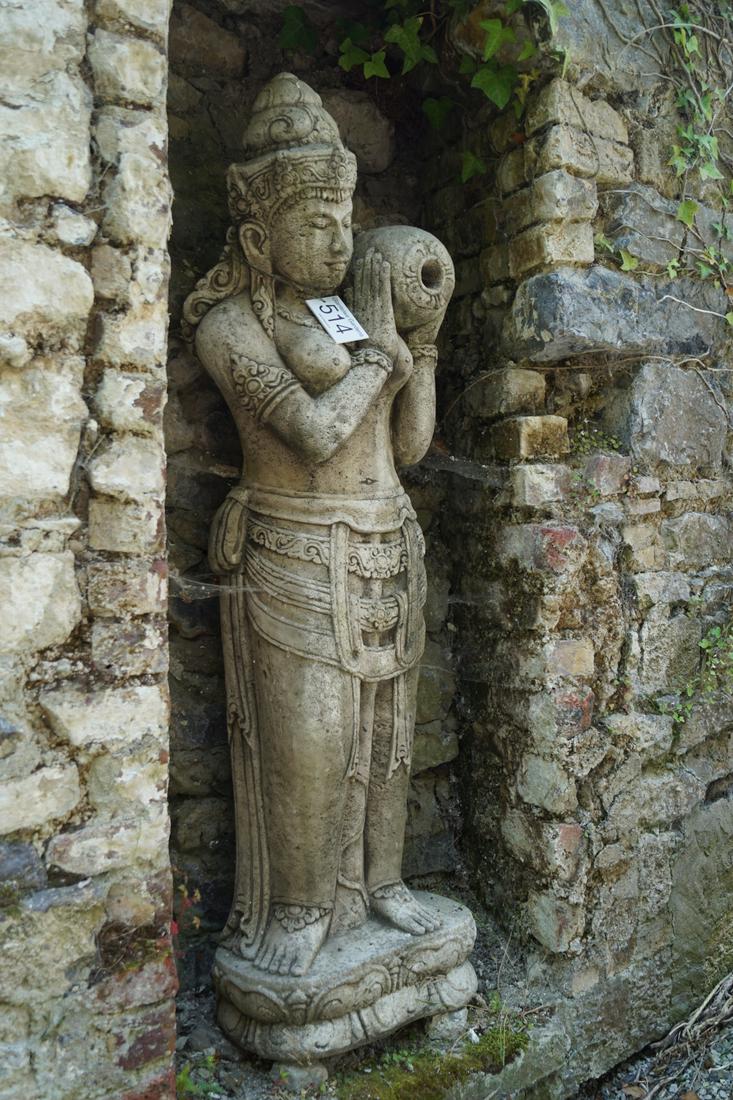 LARGE MOULDED STONE SCULPTURE: Guanyin holding a water jar. 150 cm. high; 45 cm. wide Approximate Time: 11:41 Lot No: 514 Category: Garden & Decorative Objects