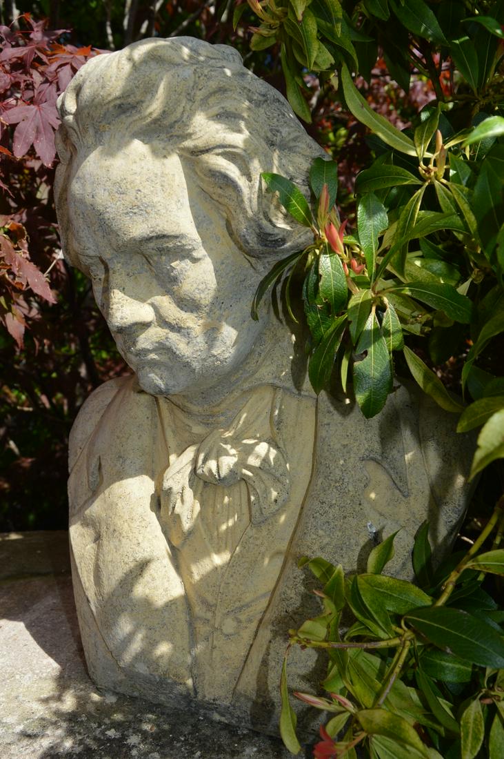 MOULDED STONE GARDEN BUST: of Beethoven. 43 cm. high; 32 cm. wide; Approximate Time: 12:06 Lot No: 541 Category: Garden & Decorative Objects
