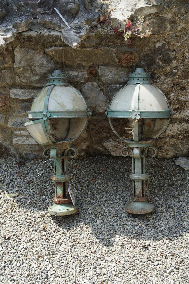 PAIR OF ANTIQUE COPPER AND CAST IRON STREET LIGHTS: pair of antique copper and cast iron street lights 70 cm. high; Approximate Time: 12:24 Lot No: 562 Category: Garden & Decorative Objects