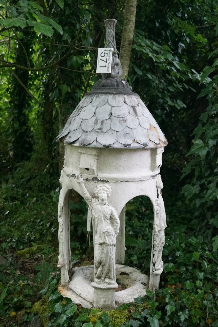 19TH-CENTURY METAL CUPOLA: of circular form, the domed lead tiled roof, supported on figure fronted open arched panels. Approximate Time: 12:33 Lot No: 571 Category: Garden & Decorative Objects