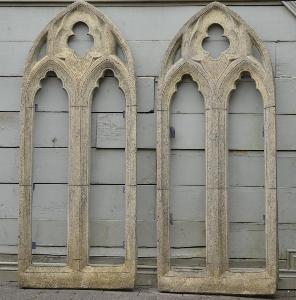 PAIR OF MOULDED STONE GOTHIC STYLE WINDOW FRAMES: Pair of moulded stone Gothic style window frames. 142 cm. high; 58 cm. wide Approximate Time: 12:42 Lot No: 582 Category: Garden & Decorative Objects
