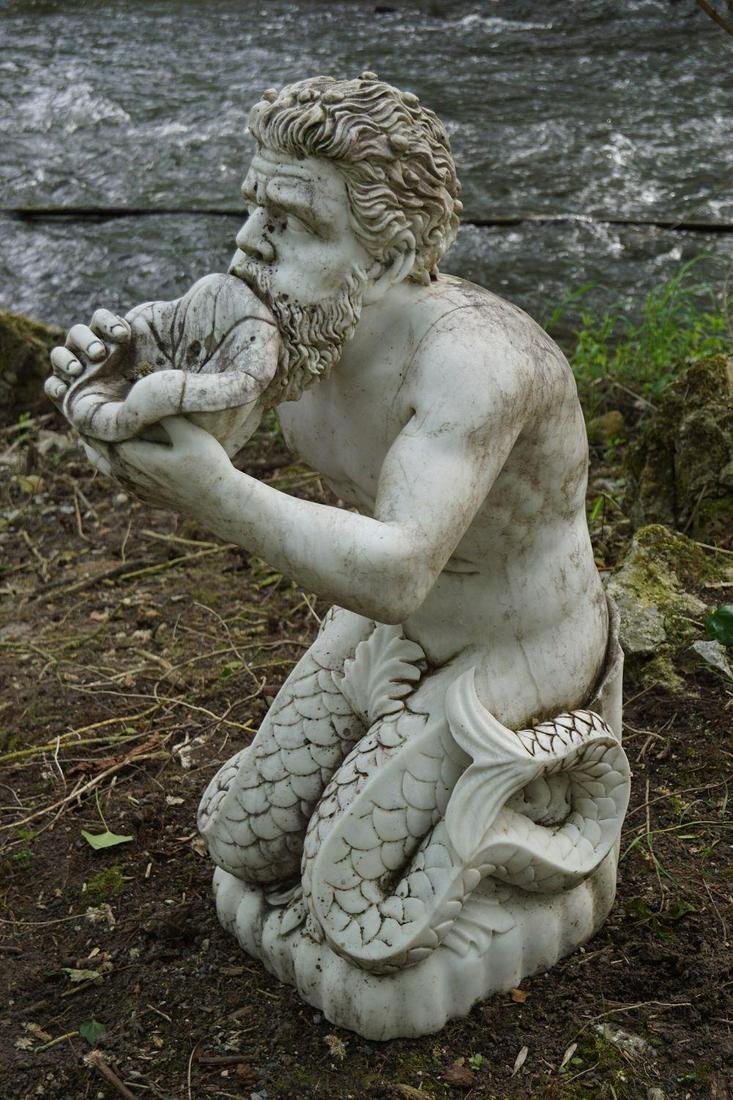 LARGE MARBLE FOUNTAIN HEAD: of Neptune blowing a shell. 102 cm. high; 48 cm. wide; 60 cm. deep Approximate Time: 14:21 Lot No: 625 Category: Garden & Decorative Objects