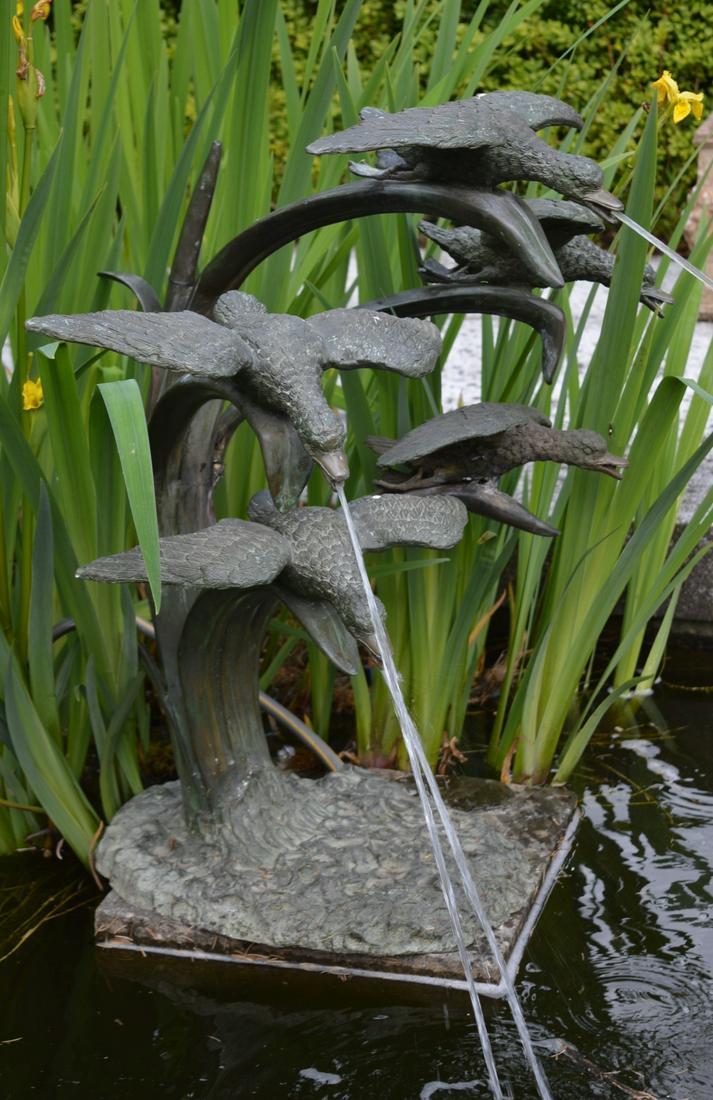 BRONZE GARDEN SCULPTURAL FOUNTAIN: of ducks in flight. 77 cm. high; 80 cm. wide; 60 cm. deep Approximate Time: 14:27 Lot No: 631 Category: Garden & Decorative Objects