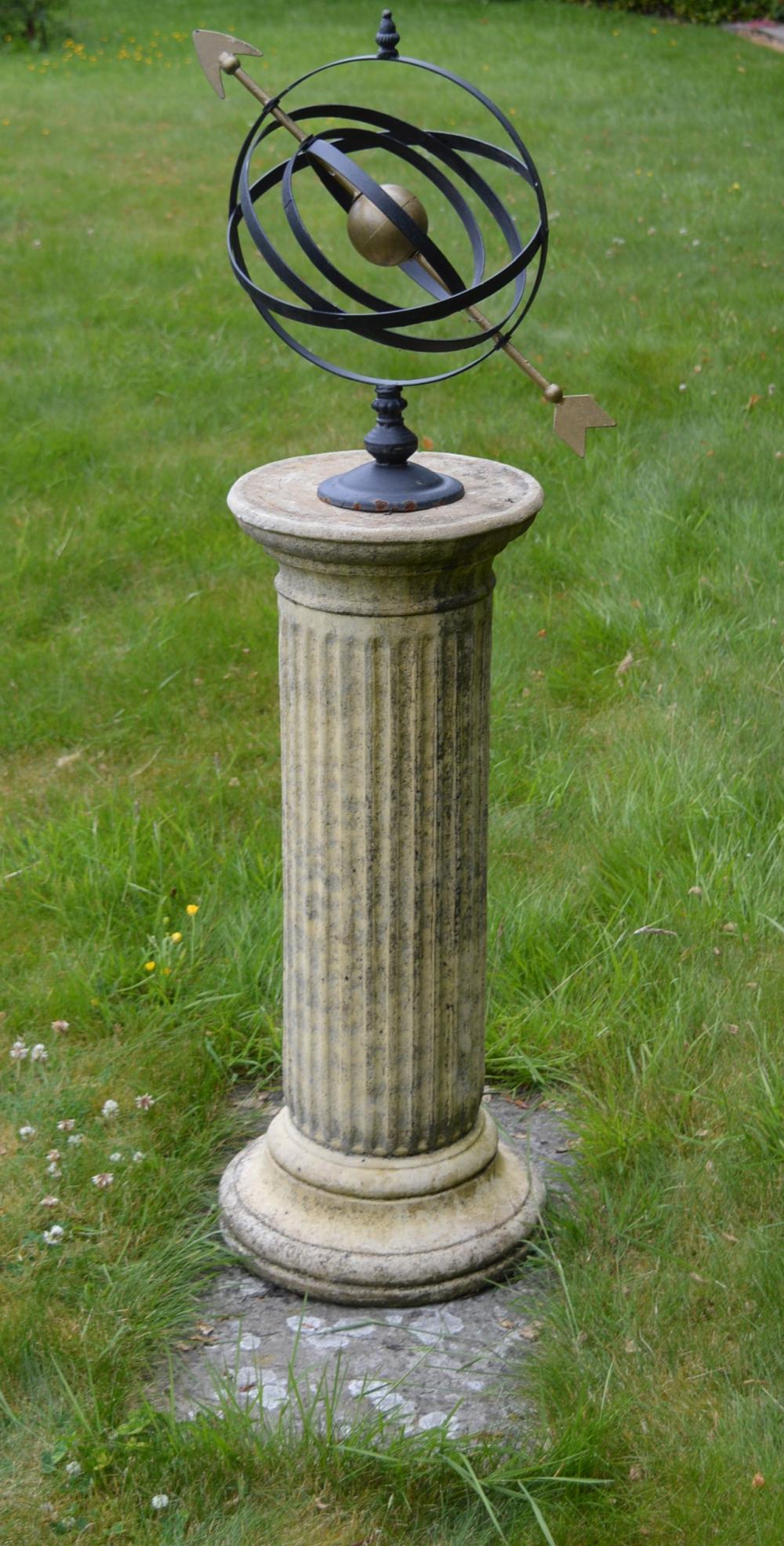 BRONZE ARMILLARY SPHERE: supported on a sandstone column. Approximate Time: 14:48 Lot No: 655 Category: Garden & Decorative Objects