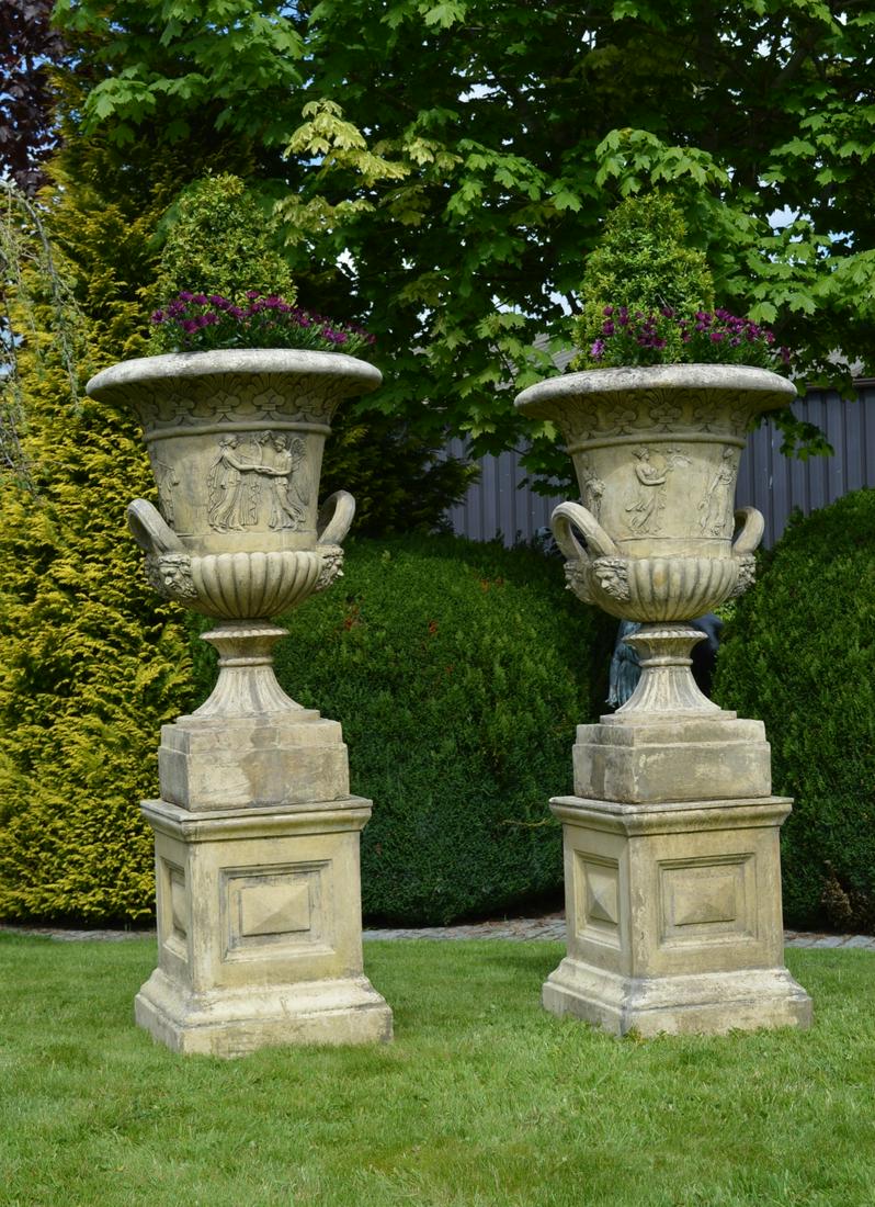 PAIR OF LARGE THOMAS HOPE DESIGN GARDEN URNS: with matching pedestals. 168 cm. high; 70 cm. wide Approximate Time: 15:09 Lot No: 678 Category: Garden & Decorative Objects