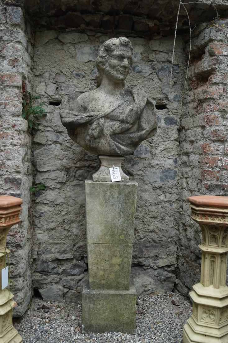 19TH-CENTURY ITALIANATE STONE BUST: supported on a stone column. Approximate Time: 15:13 Lot No: 683 Category: Garden & Decorative Objects