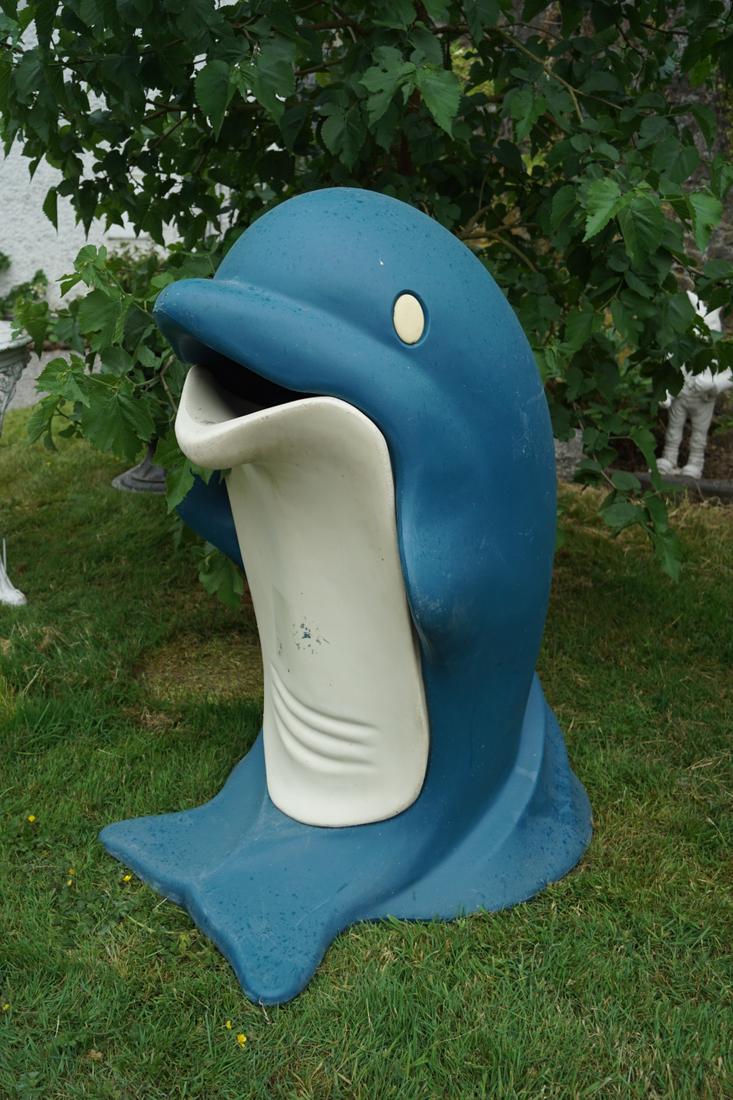 NOVEL DOLPHIN DUST BIN: moulded plastic. 100 cm. high Approximate Time: 16:42 Lot No: 782 Category: Garden & Decorative Objects