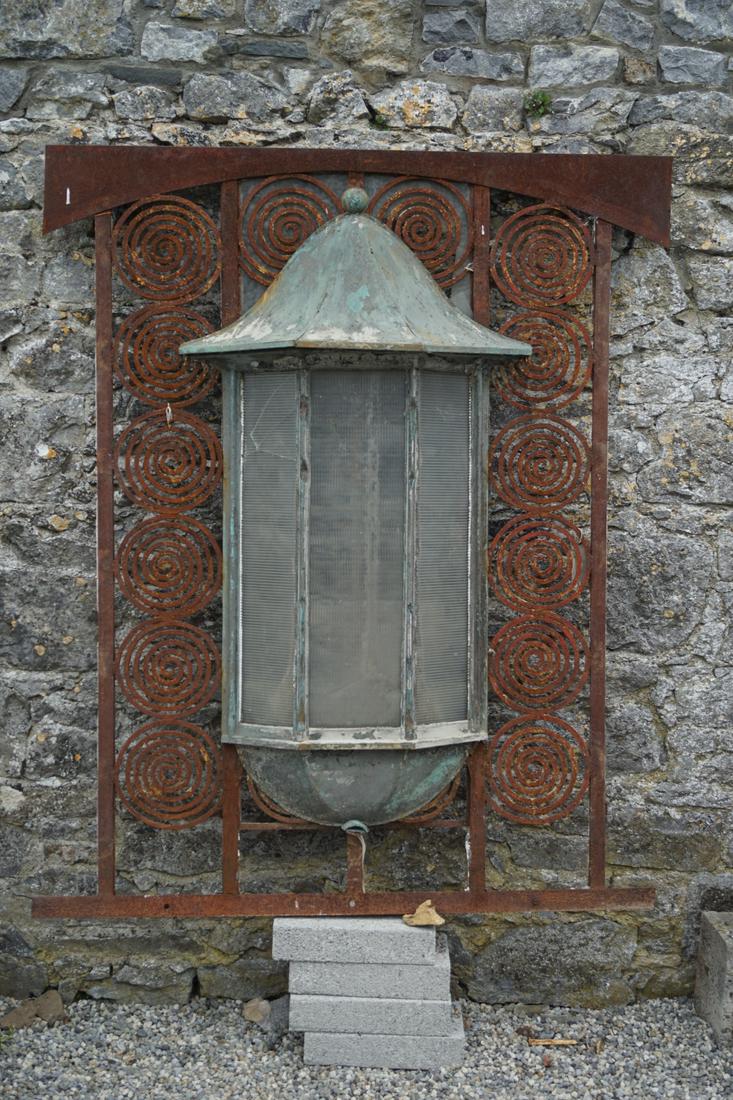 LARGE METAL FRAMED ARCHITECTURAL WINDOW: centred by a projecting breakfront inner window with copper clad roof and base. 210 cm. high; 145 cm. wide Approximate Time: 16:45 Lot No: 785 Category: Garden & Decorative Objects