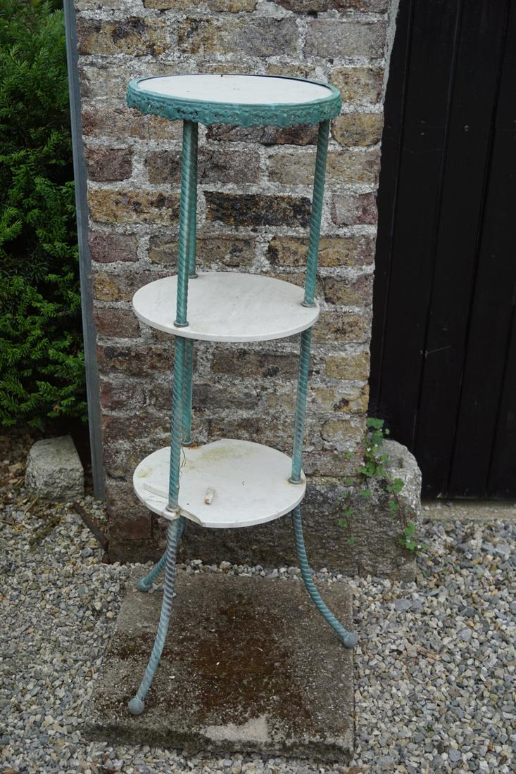 19TH-CENTURY BRASS AND MARBLE PLANT STAND: of 3 circular tiers, raised on spiral turned pillars, supported on out swept legs. Approximate Time: 16:48 Lot No: 788 Category: Garden & Decorative Objects