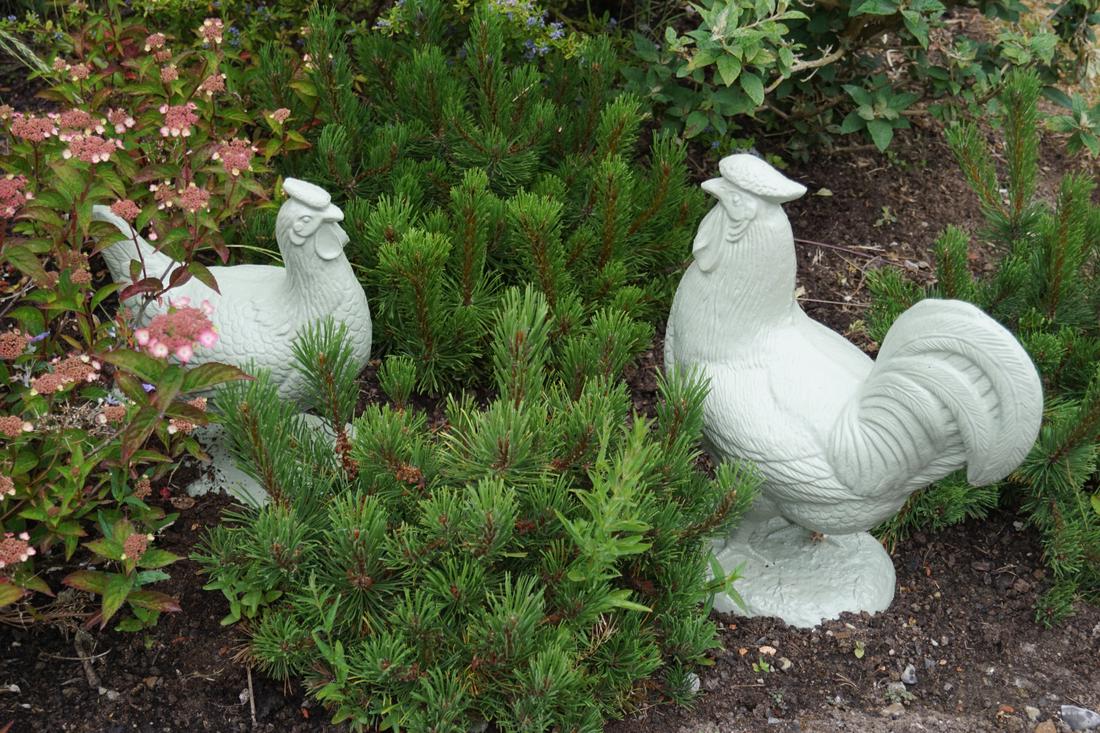 CAST IRON HEN: and a rooster. 47 cm. high; 40 cm. wide Approximate Time: 16:59 Lot No: 800 Category: Garden & Decorative Objects