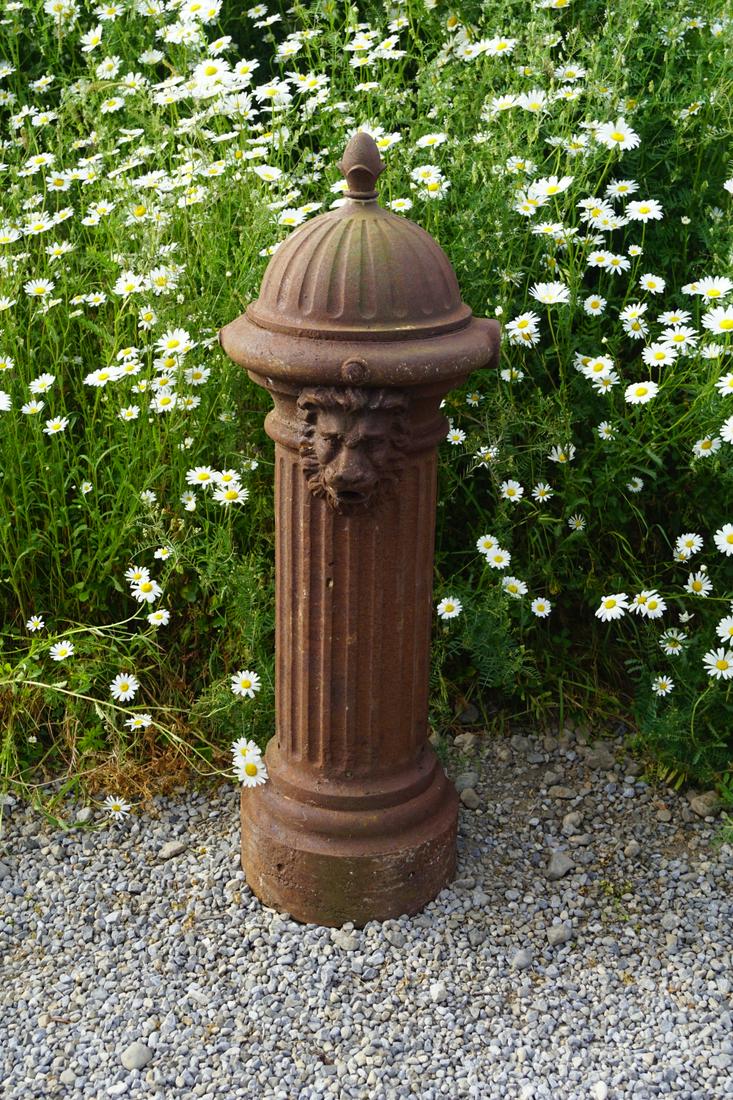 19TH-CENTURY CAST IRON VILLAGE PUMP: with lion mask decoration. 105 cm. high; 36 cm. wide Approximate Time: 17:45 Lot No: 859 Category: Garden & Decorative Objects