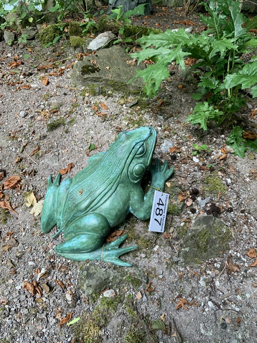BRONZE GARDEN SCULPTURE: Figure of a frog. 18 cm. high; 49 cm. wide Approximate Time: 17:47 Lot No: 876 Category: Garden & Decorative Objects