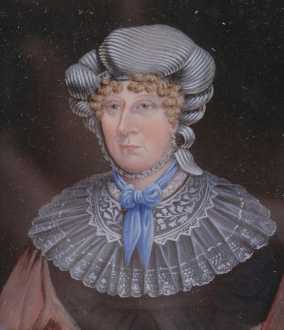 Nineteenth-century French miniature portrait: Nineteenth-century French miniature portrait,Woman wearing a lace bodice and ruffled scarf, enclosed in a gilt bronze and ebony frame Size: 10 x 9 cm.