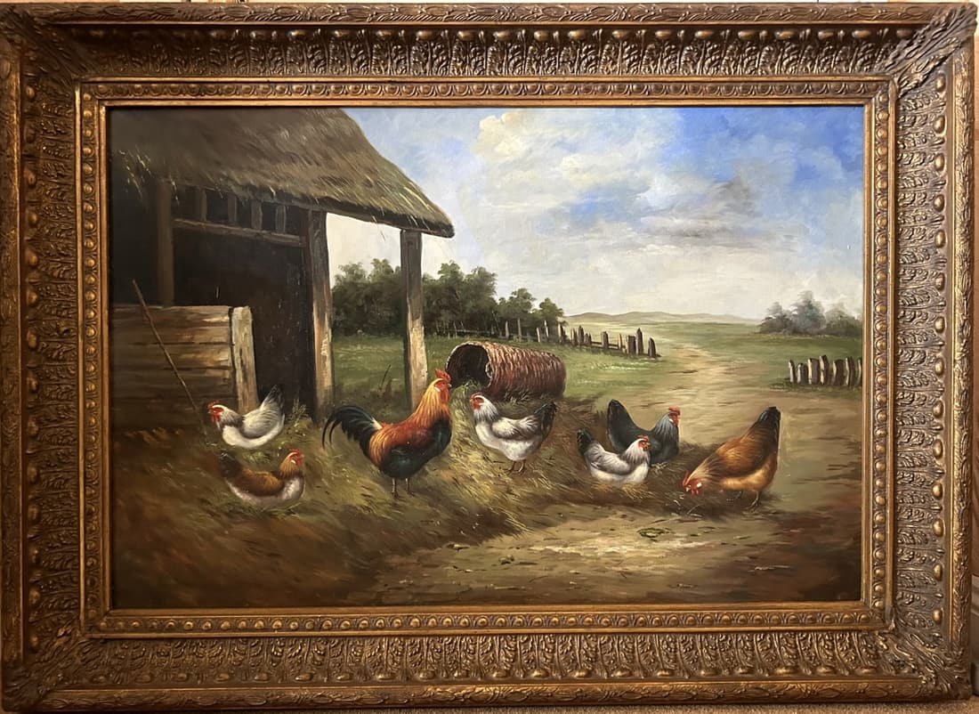 AFTER EDGAR HUNT: Farmyard with hens and cockerel. Oleograph. Enclosed in a gilt frame. 61 cm. high; 92 cm. wide; Approximate Time: 12:10 Lot No: 146