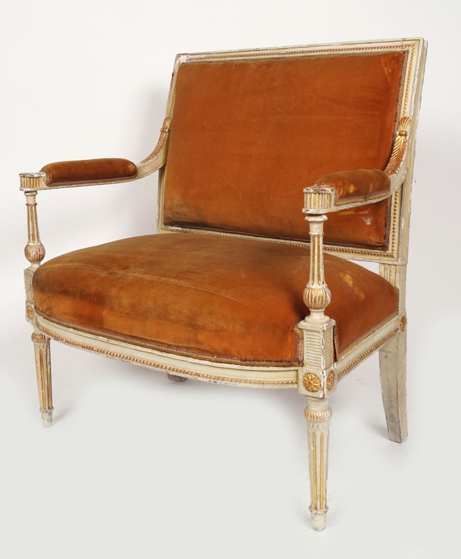 PAIR 19TH-CENTURY PARCEL-GILT HALL SETTEES: each with an upholstered show frame back, above a breakfront seat, between fluted pillar fronted arms, raised on fluted legs to the fore. 86 cm. high; 79 cm. wide; 47 cm. deep Approximate Time: 15:08