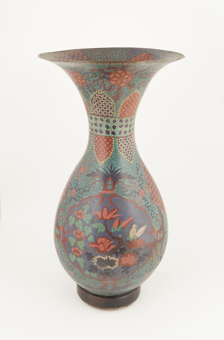 JAPANESE MEIJI CLOISONNE ENAMELLED VASE: of baluster shape, with polychrome geometric and naturalistic motifs. 53 cm. high; 28 cm. diameter Approximate Time: 10:27 Lot No: 39