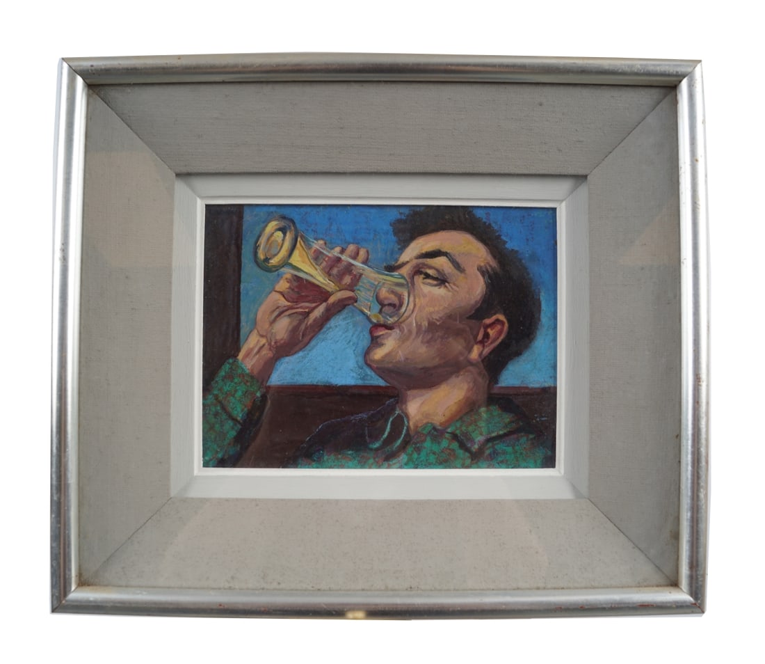 IRISH SCHOOL: Finishing A Glass. Oil on board. Provenance: The Dr. Kevin Moynihan Collection, Macroom, Co. Cork. Image size: 15 x 19 cm.; framed: 28 x 33 cm. Approximate Time: 12:57 Lot No: 243