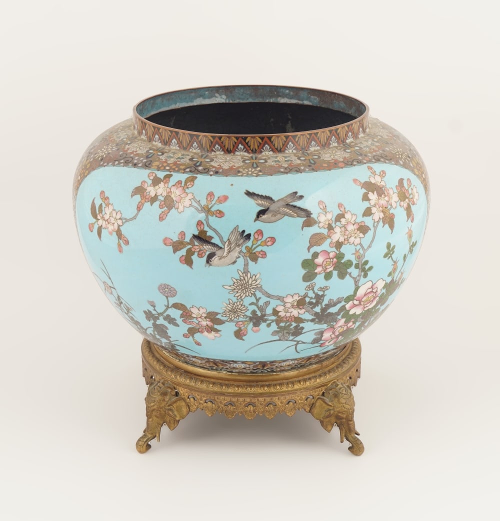 JAPANESE MEIJI CLOISONNE ENAMELLED POT: decorated with ornithological and floral decoration. Total height: 30 cm.; 30 cm. diameter Approximate Time: 14:58 Lot No: 831