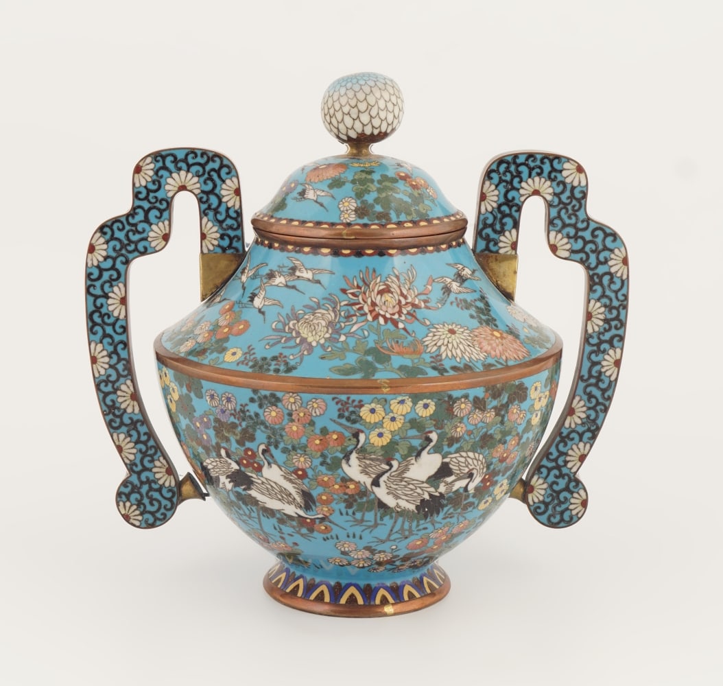JAPANSES MEIJI CLOISONNE VASE: decorated with herons amongst flowers. 24 cm. high Approximate Time: 15:53 Lot No: 906
