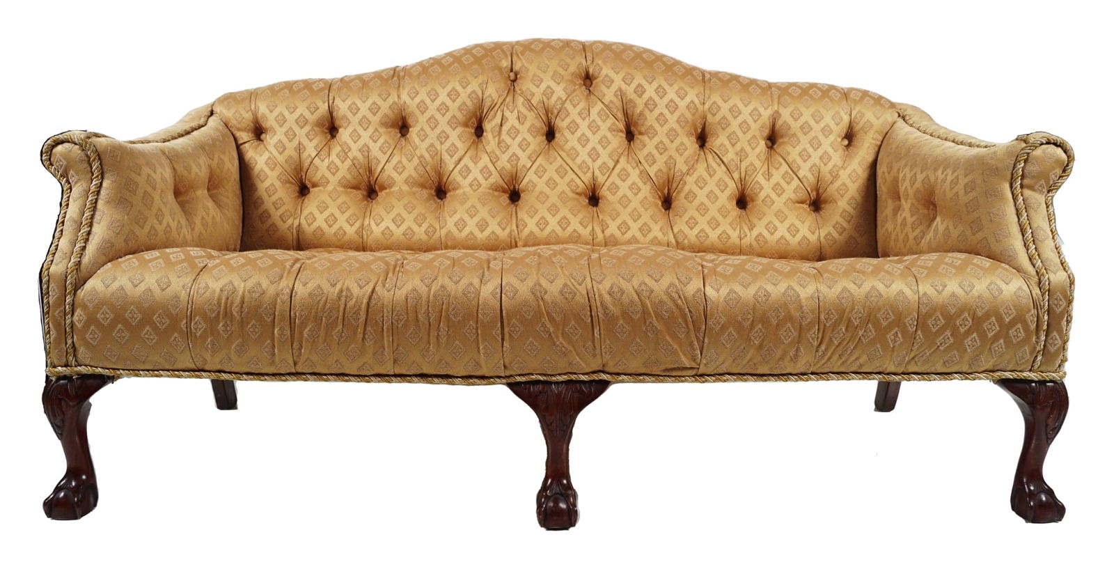 PAIR EDWARDIAN HUMPBACK SETTEES: each with a deep buttoned back between scroll fronted arms, raised on cabriole legs to the fore terminating on claw and ball feet. 70 cm. high; 166 cm. wide; 74 cm. deep; Approximate Time: 12:44 Lot N